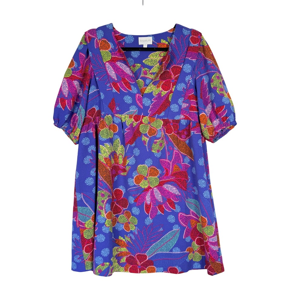 Sugarlips Purple Floral V-Neck Puff Sleeve Mini Dress Medium